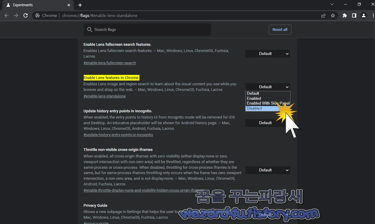 Enable Lens features in Chrome 비활성화