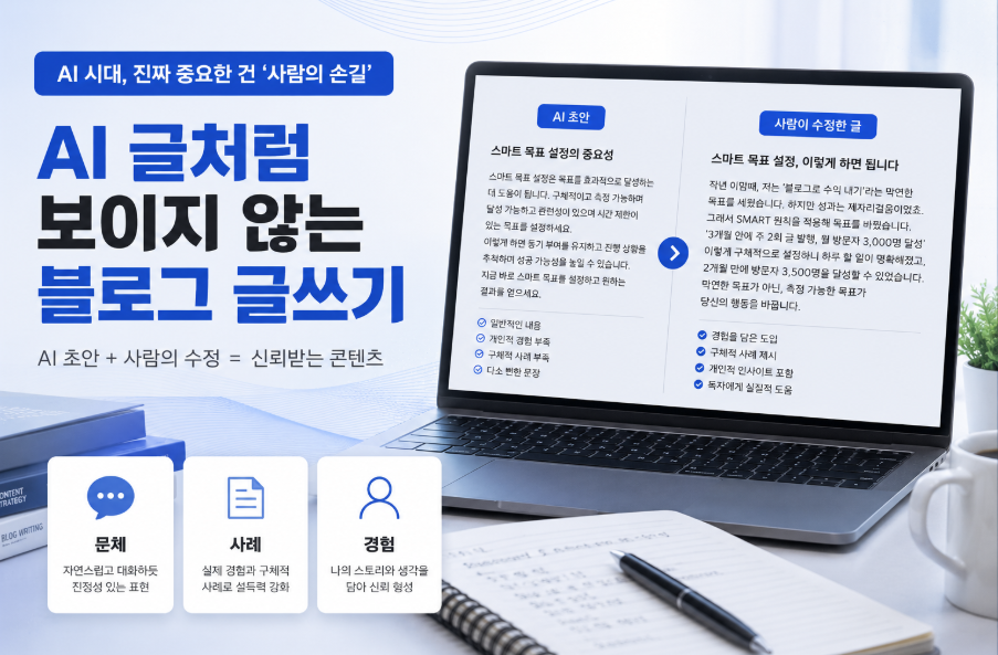 AI가 쓴 글처럼 보이지 않는 블로그 글쓰기 방법을 설명하는 썸네일 이미지