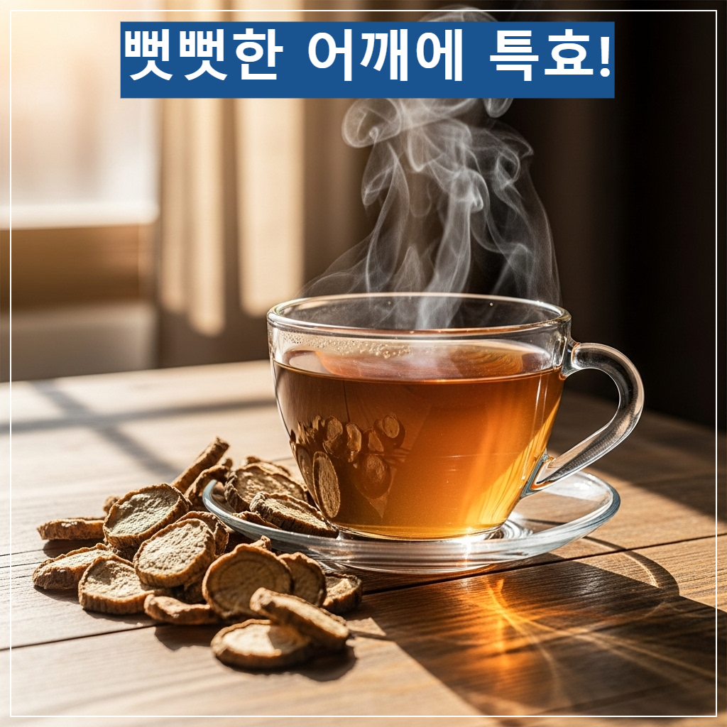 따뜻한 김이 모락모락 나는 맑은 갈색빛의 우엉차 한 잔과 볶은 우엉 조각들