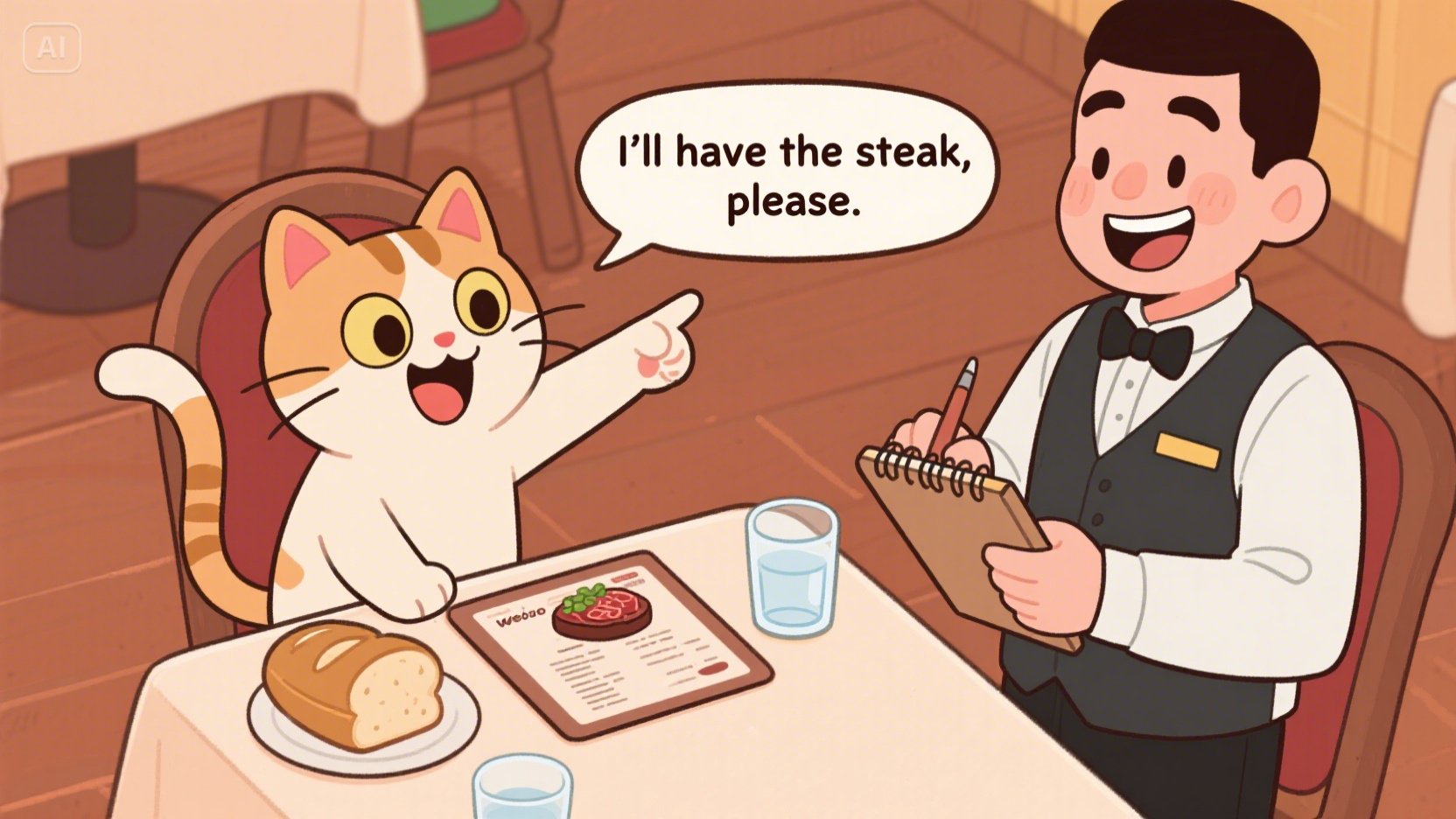 귀여운 고양이 캐릭터가 식당에서 웨이터에게 I’ll have the steak, please 라고 말하며 주문하는 웹툰 장면