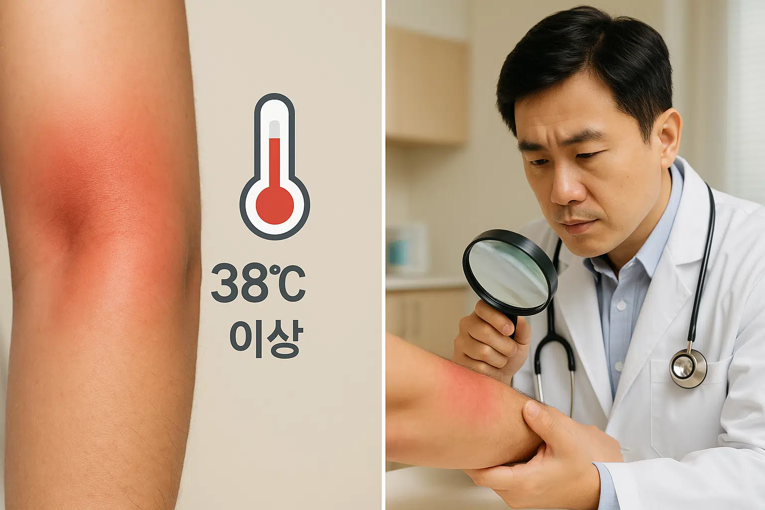 붉게 부어오른 팔과 ‘38℃ 이상’ 체온계, 의사가 살펴보는 장면