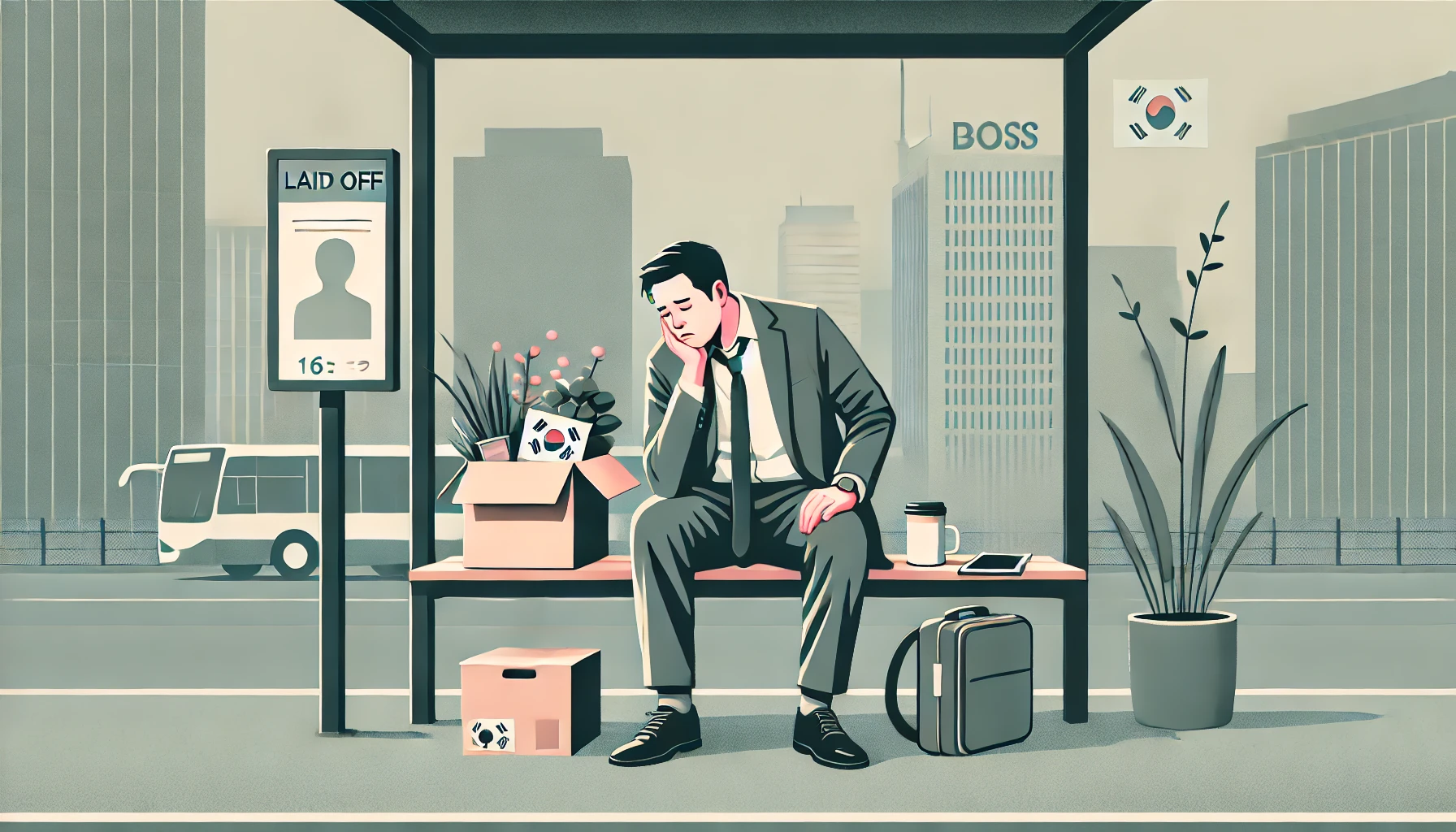 정리해고 후 벤치에 앉아 상자 들고 있는 중년 남성 일러스트