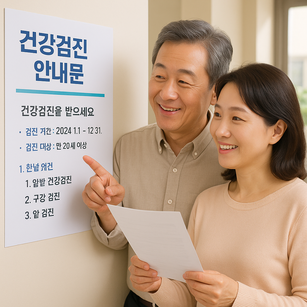 건강검진 안내문을 확인 중인 중장년 부부의 모습