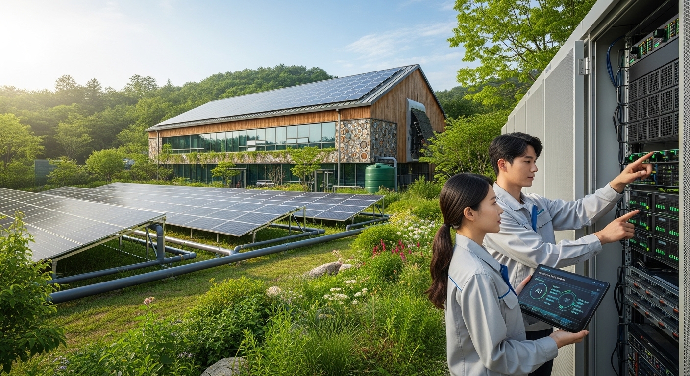 eco-friendly data center facility surrounded by greenery and solar panels