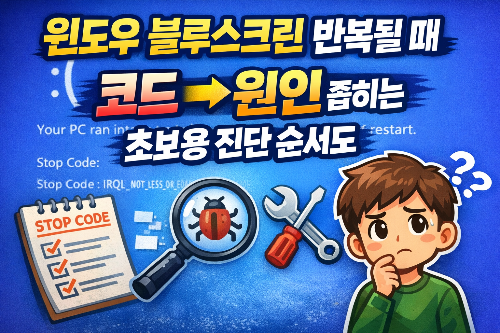 윈도우 블루스크린 반복될 때, &ldquo;코드&rarr;원인&rdquo; 좁히는 초보용 진단 순서도