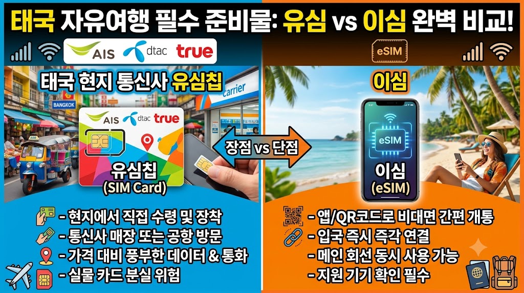 태국 여행용 유심칩과 스마트폰 화면에 뜬 eSIM 활성화 안내 가이드