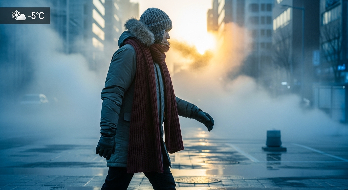 한파에 방한 용품을 챙겨입은 이미지