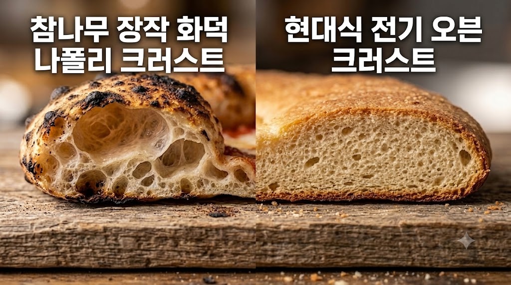 참나무 장작 화덕피자의 공기층(기포)과 레오파드 스팟, 전기 오븐 피자의 바삭하고 균일한 단면 구조 비교