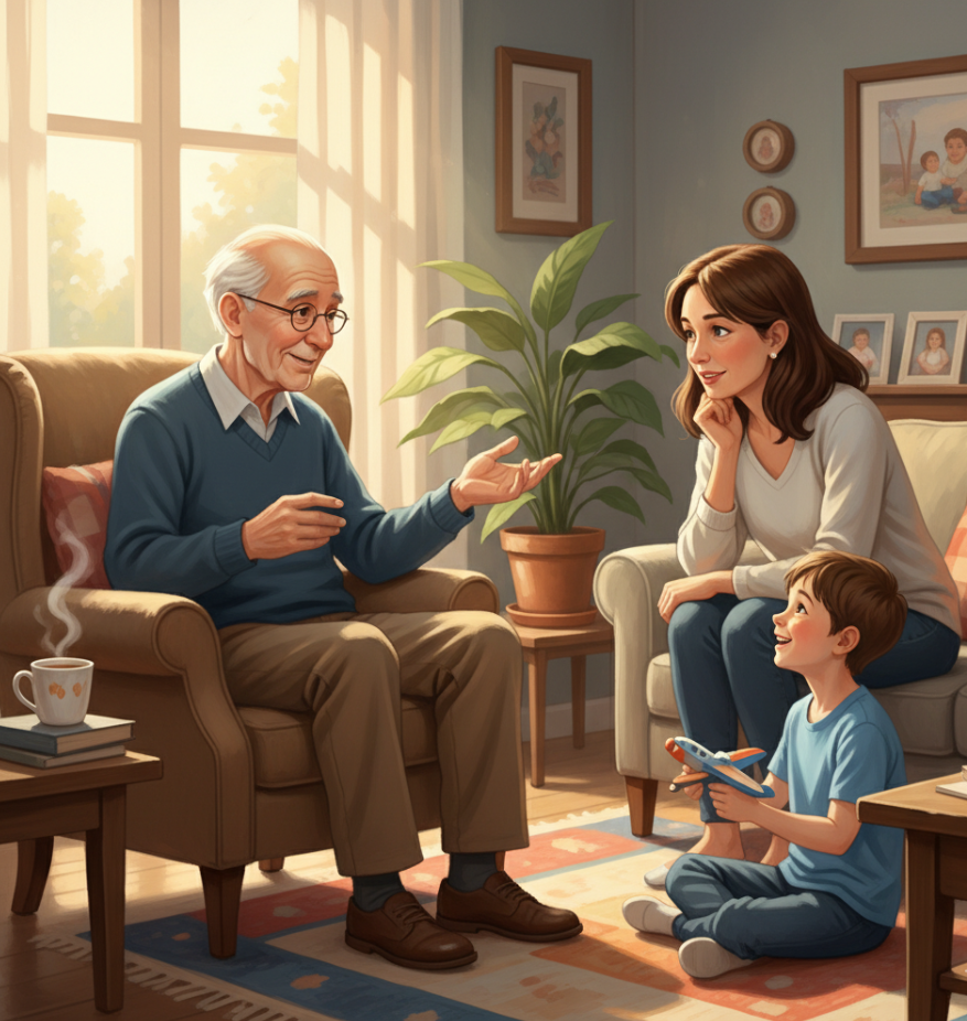 치매어르신과 대화하는 가족 모습