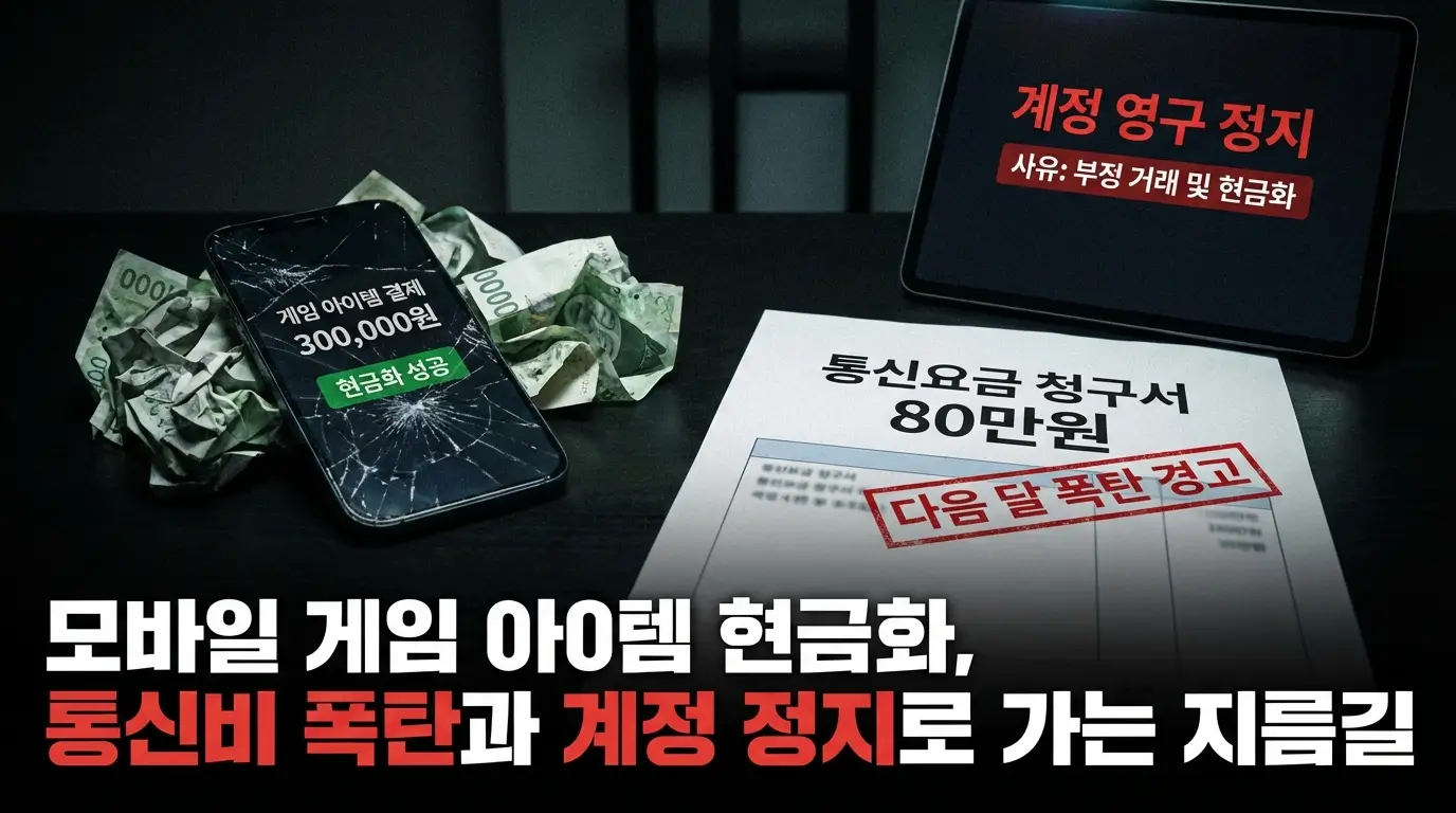 모바일 게임 아이템 결제를 통한 현금화 방법의 위험성과 다음 달 찾아오는 통신비 폭탄 및 계정 정지 경고 이미지