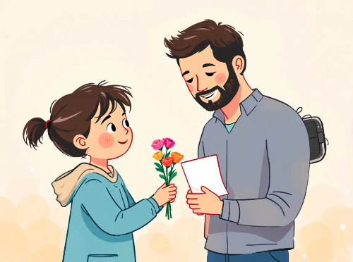 아버지-여자어린이-꽃-편지