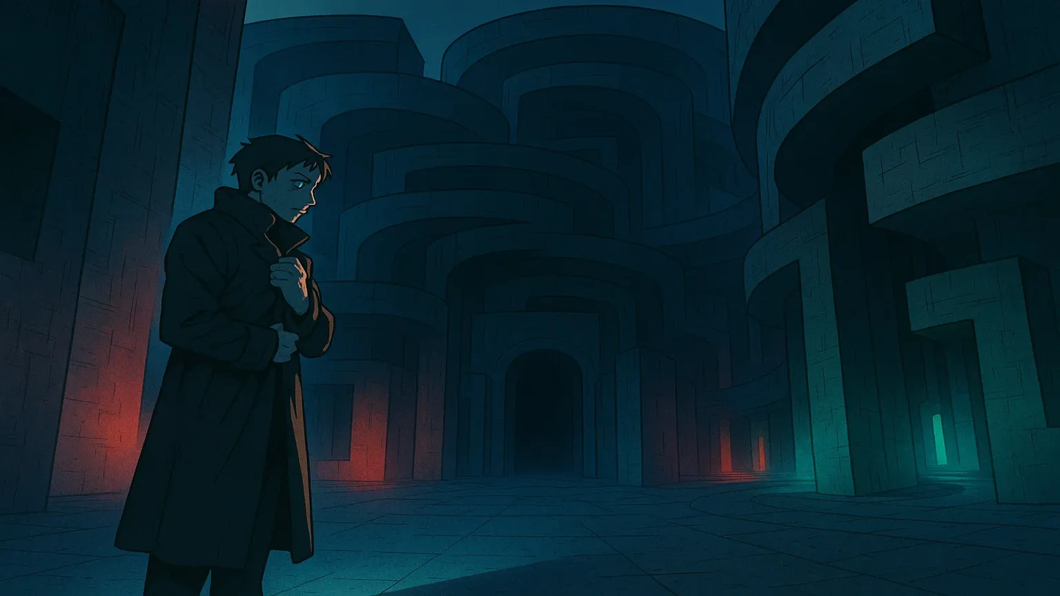 여러 갈래로 나뉘는 복잡한 미로의 입구에 서 있는 사람의 이미지. 형사 절차의 복잡성과 다양한 결과의 가능성을 상징