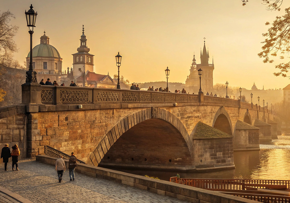 봄 햇살의 따뜻한 빛 아래 크라쿠프의 역사적인 석교