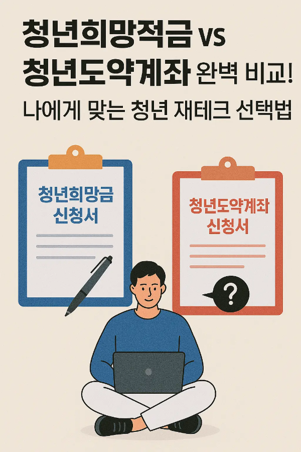 청년희망적금과 청년도약계좌 신청서를 비교하며 노트북을 사용하는 청년 일러스트와 고민하는 장면이 포함된 2D 정보 이미지
