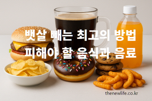 햄버거, 콜라, 도넛, 쿠키, 감자칩, 치토스, 설탕이 든 음료 등 고열량·고당류 가공식품을 보여주는 이미지 – 뱃살 빼는 최고의 음식에서 반드시 피해야 할 음식과 음료