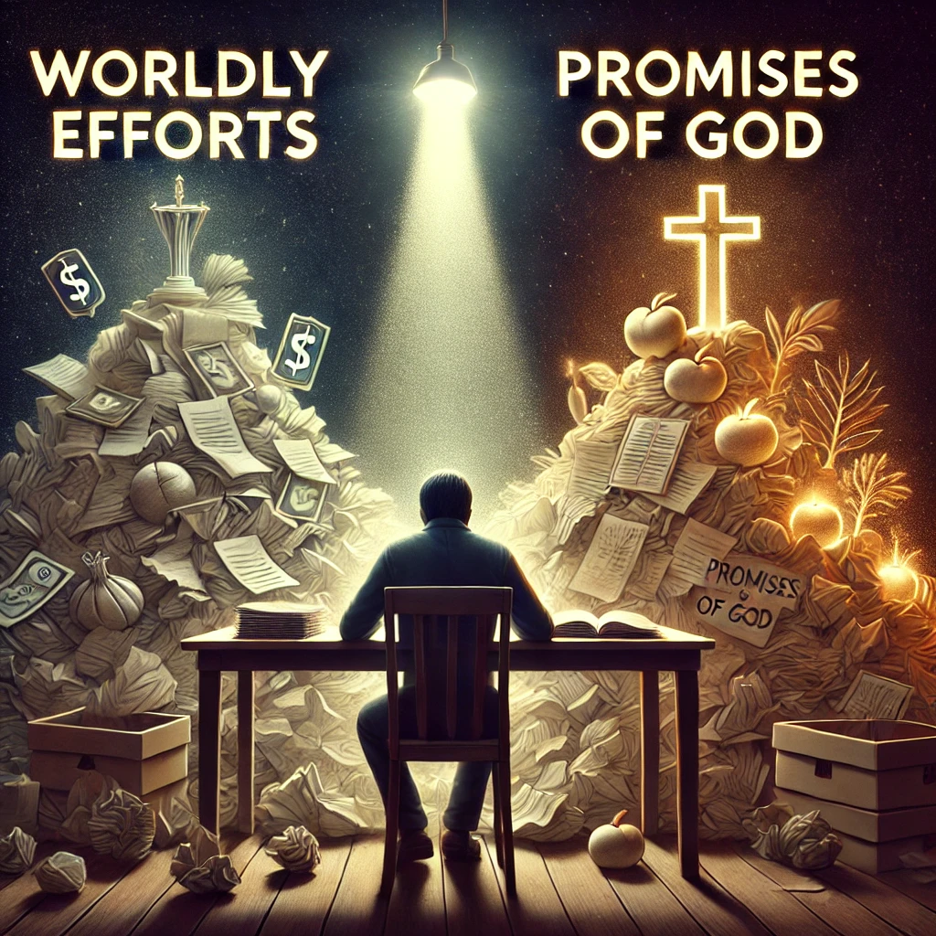 Here is the image depicting a person organizing their work into two piles: one representing worldly efforts and fruitless work, and the other filled with God's promises and fruitful actions. It captures the moment of reflection and discernment between what leads to lasting spiritual fruit and what fades away.