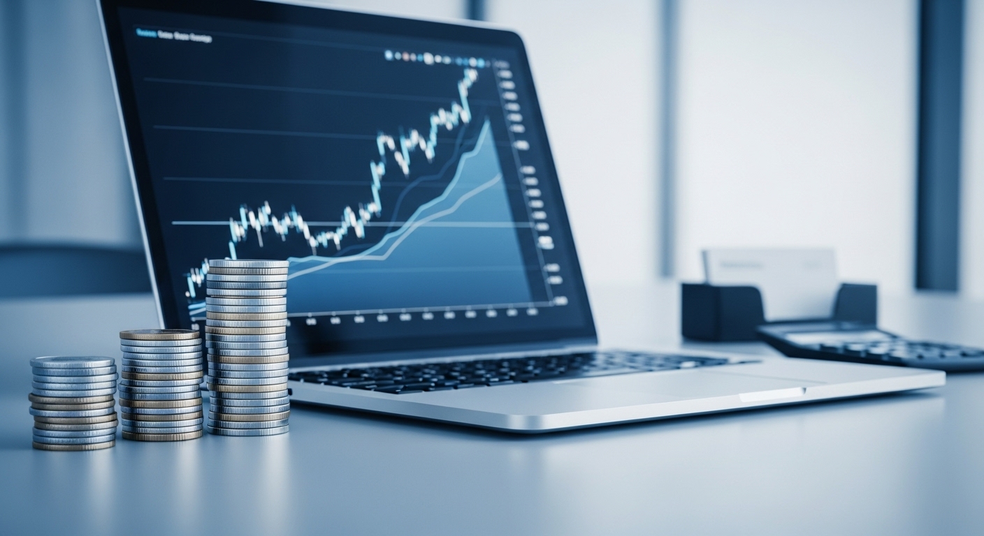 "A highly professional and calm visual of small coins stacked neatly next to a laptop showing a stock chart, with a subtle blue and gray color filter. The image should convey precision, modern finance, and a calm, reliable atmosphere. Focus on a clean, professional desk setup. No faces."