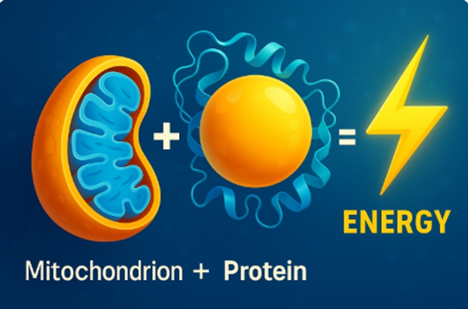 미토콘드리아와 단백질 대사의 관계를 시각적으로 표현한 고화질 인포그래픽