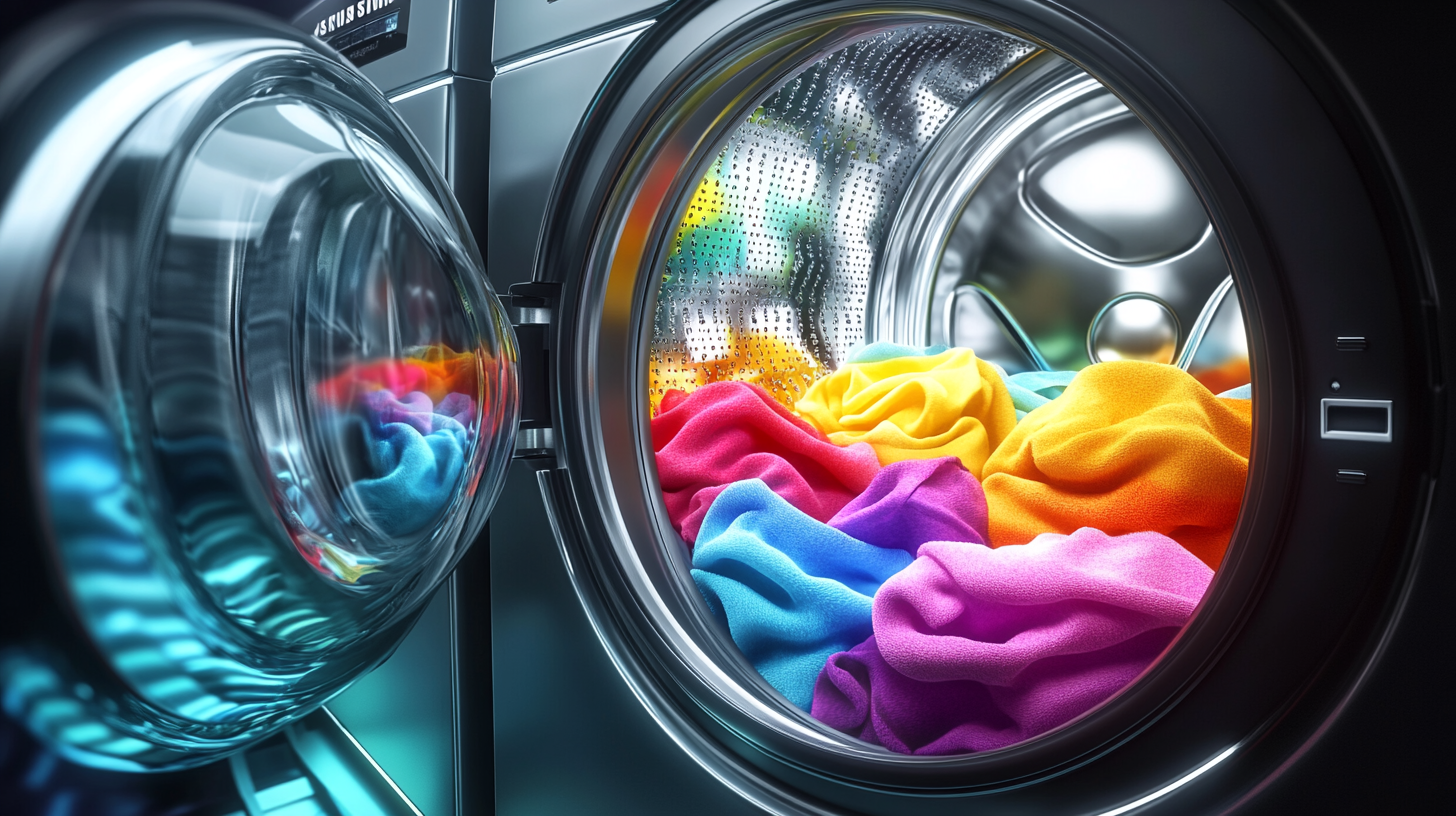 부드러운 스튜디오 조명 아래 다양한 색상의 세탁물이 채워진 대용량 삼성 세탁기의 넓은 내부 공간을 보여주는 장면