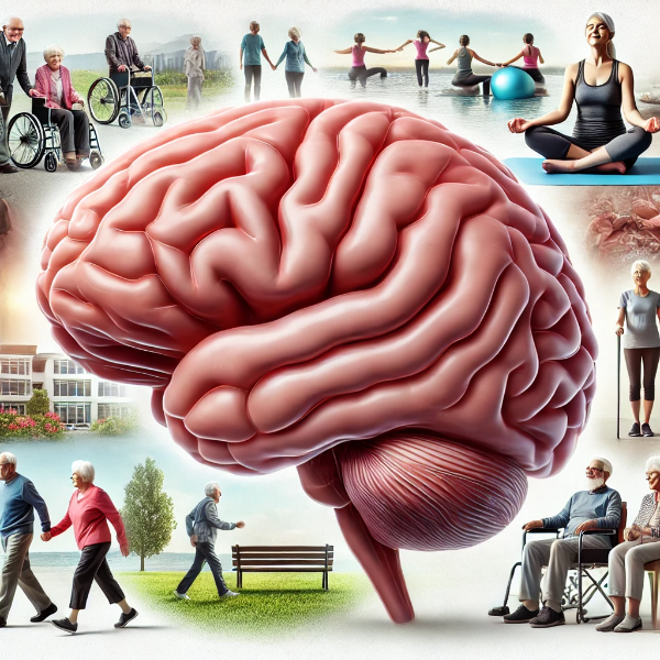 노년층의 뇌 단면도와 건강한 활동을 하는 노인의 이미지가 합성된 그래픽 - 과학적 신뢰감과 실용적 메시지 결합