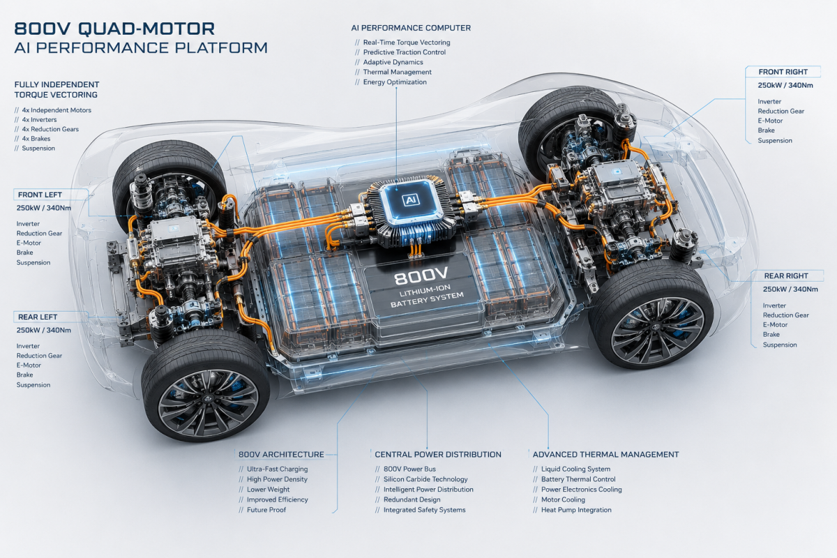 BMW 쿼드 모터 시스템과 800V 전기 아키텍처 개념도