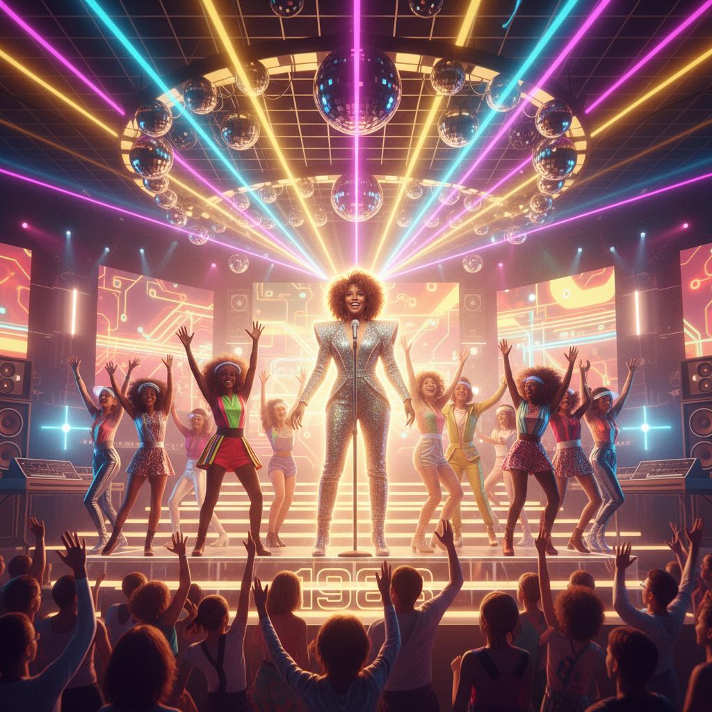 휘트니 휴스턴이 밝게 웃으며 마이크를 잡고 무대에서 노래하는 모습. 주변에는 사람들이 환하게 웃으며 춤추고 있다. 전체적으로 80년대 디스코 무대 분위기에 화려한 조명이 비추고 있다.