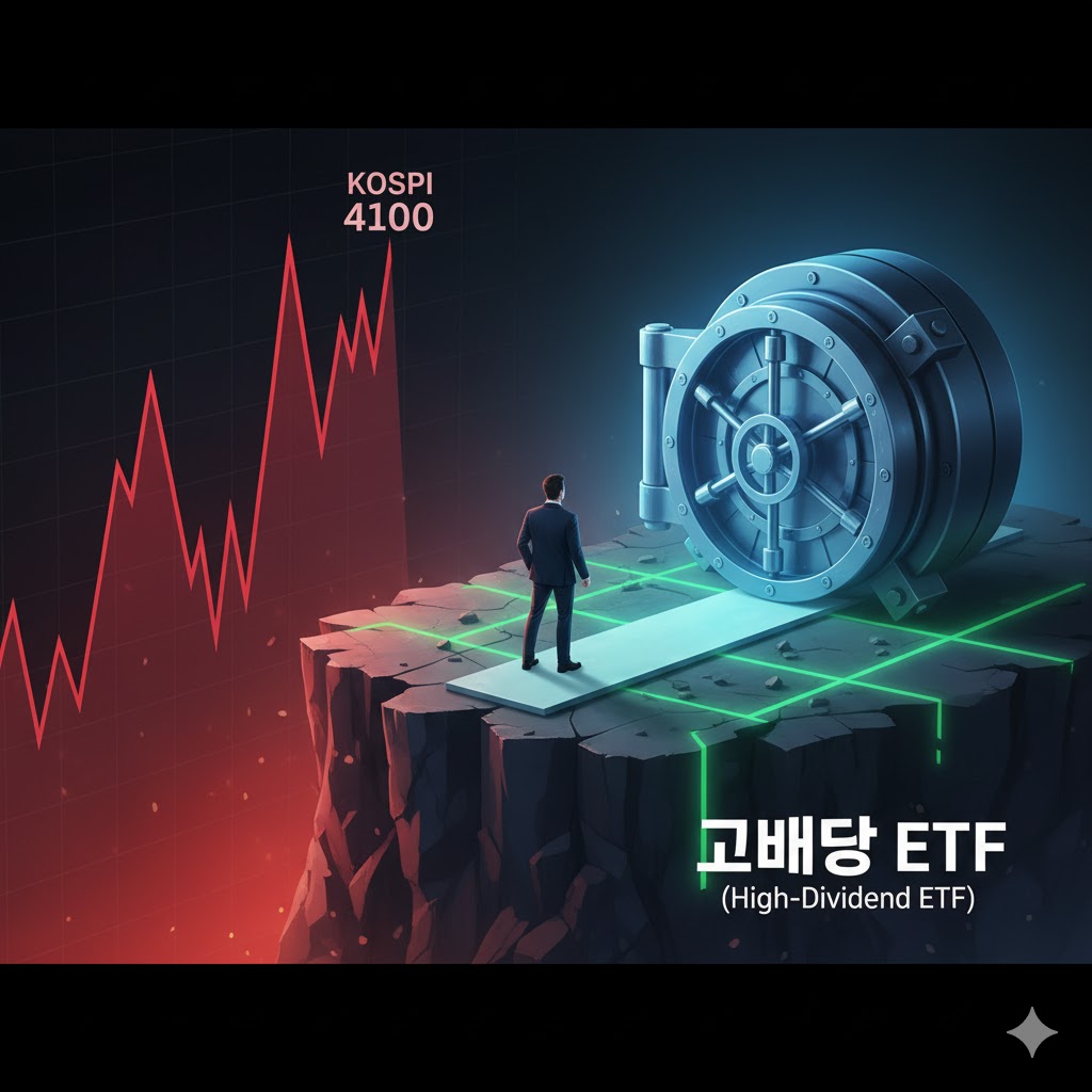 'KOSPI 4100'이라고 찍힌 아슬아슬한 주식 차트 앞에서, 한 투자자가 방향을 틀어 '고배당 ETF'라고 쓰인 안정적인 금고로 걸어가는 모습