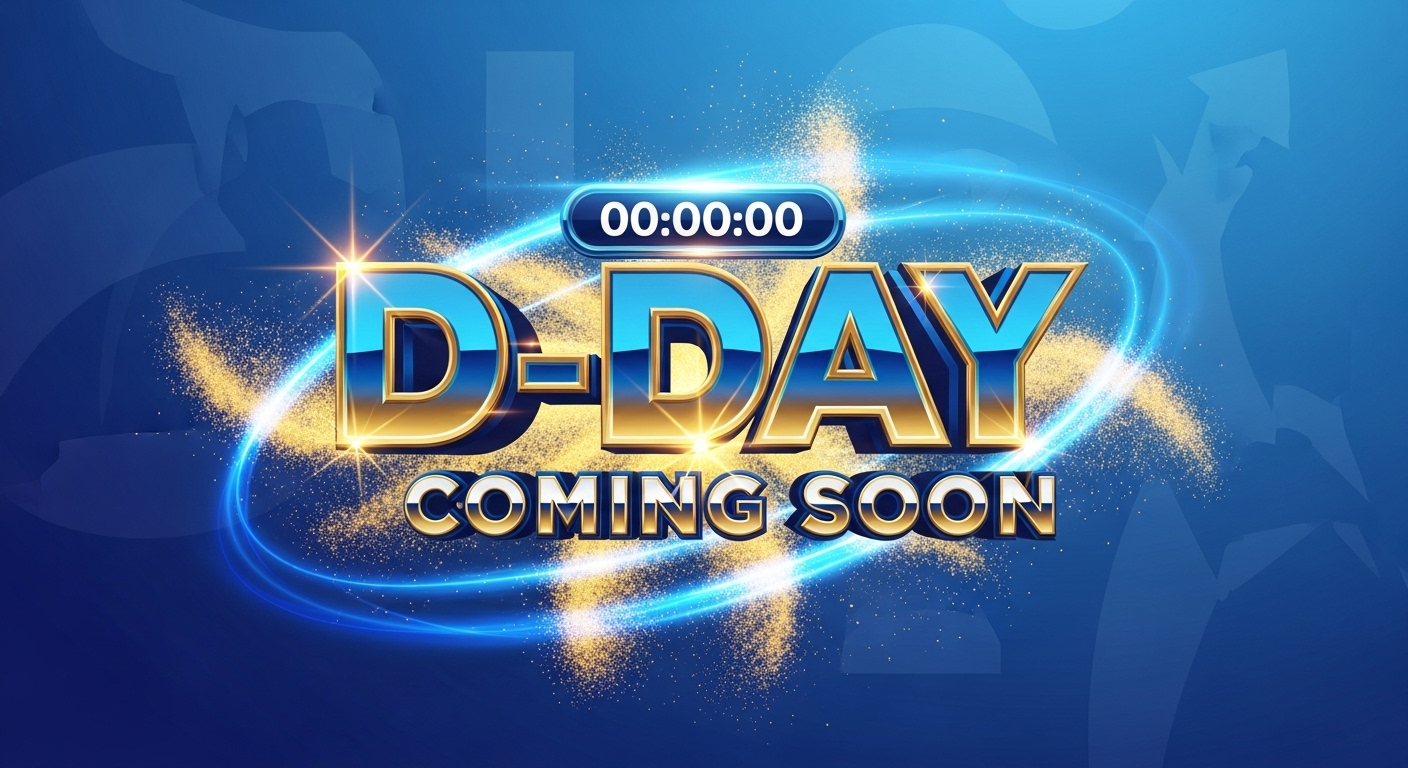 파란색과 금색으로 빛나는 'D-DAY' 카운트다운 그래픽, 새 TV 프로그램 방송 시작에 대한 기대감을 표현.