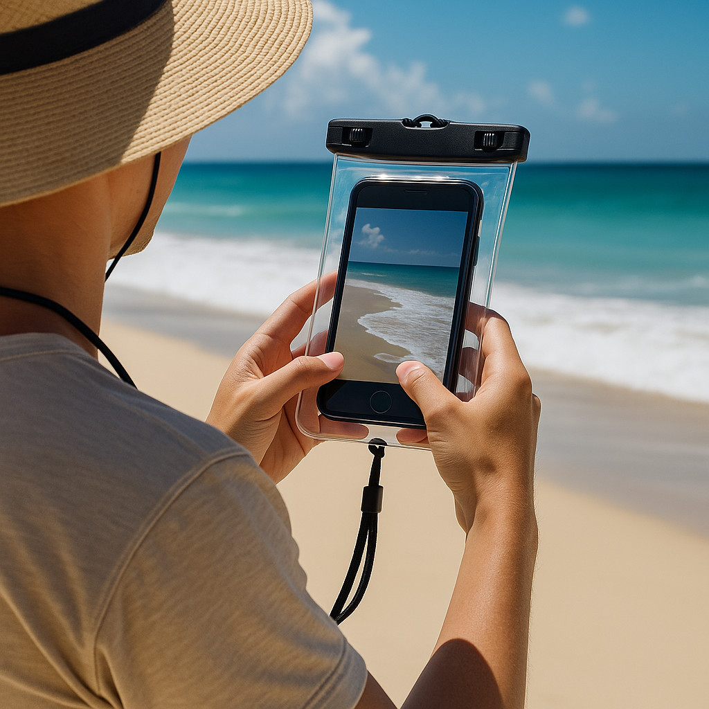 "바닷가에서 4중 잠금 방수팩을 착용한 여행객이 스마트폰으로 사진을 촬영하는 장면"