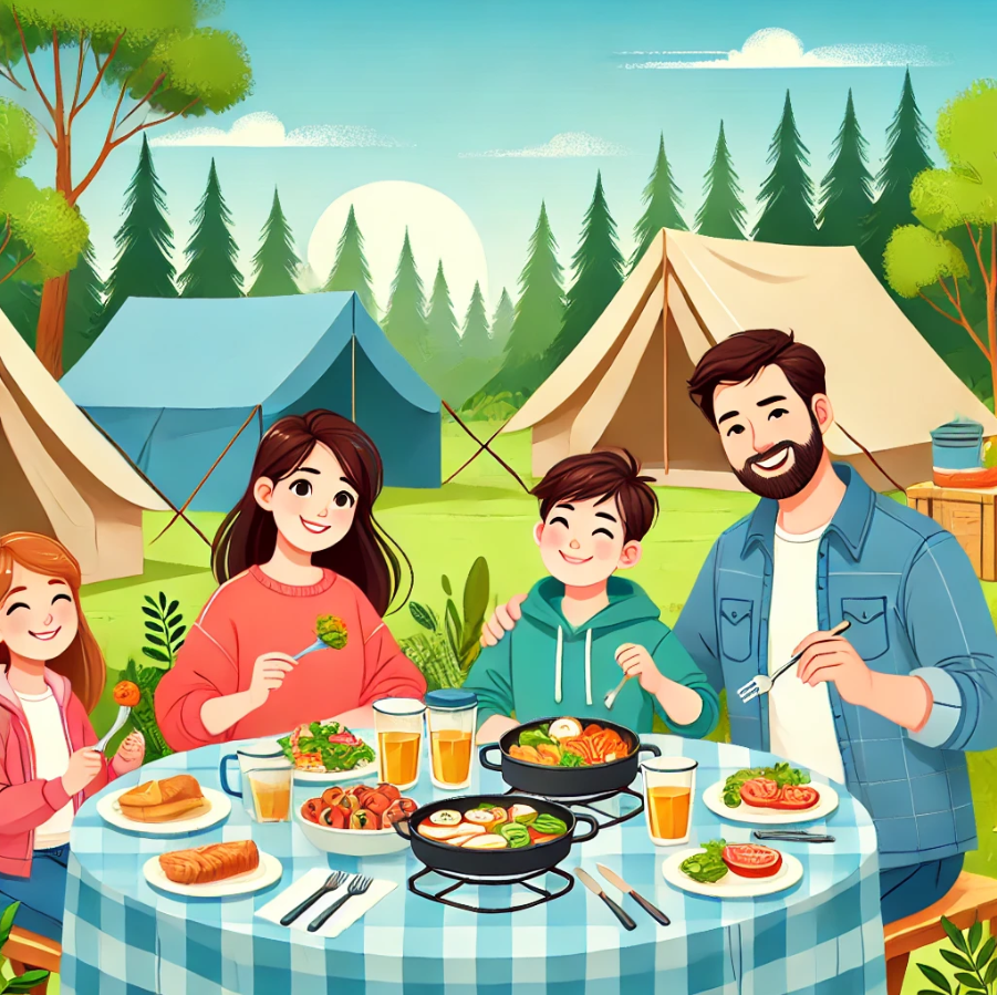 캠핑 테이블에서 가족이 맛있는 음식을 먹는 그림