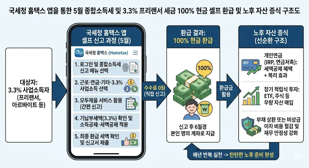 국세청 홈택스 앱을 통해 5월 종합소득세 및 3.3% 프리랜서 세금을 수수료 없이 100% 현금으로 셀프 환급받아 노후 자산을 증식하는 구조도