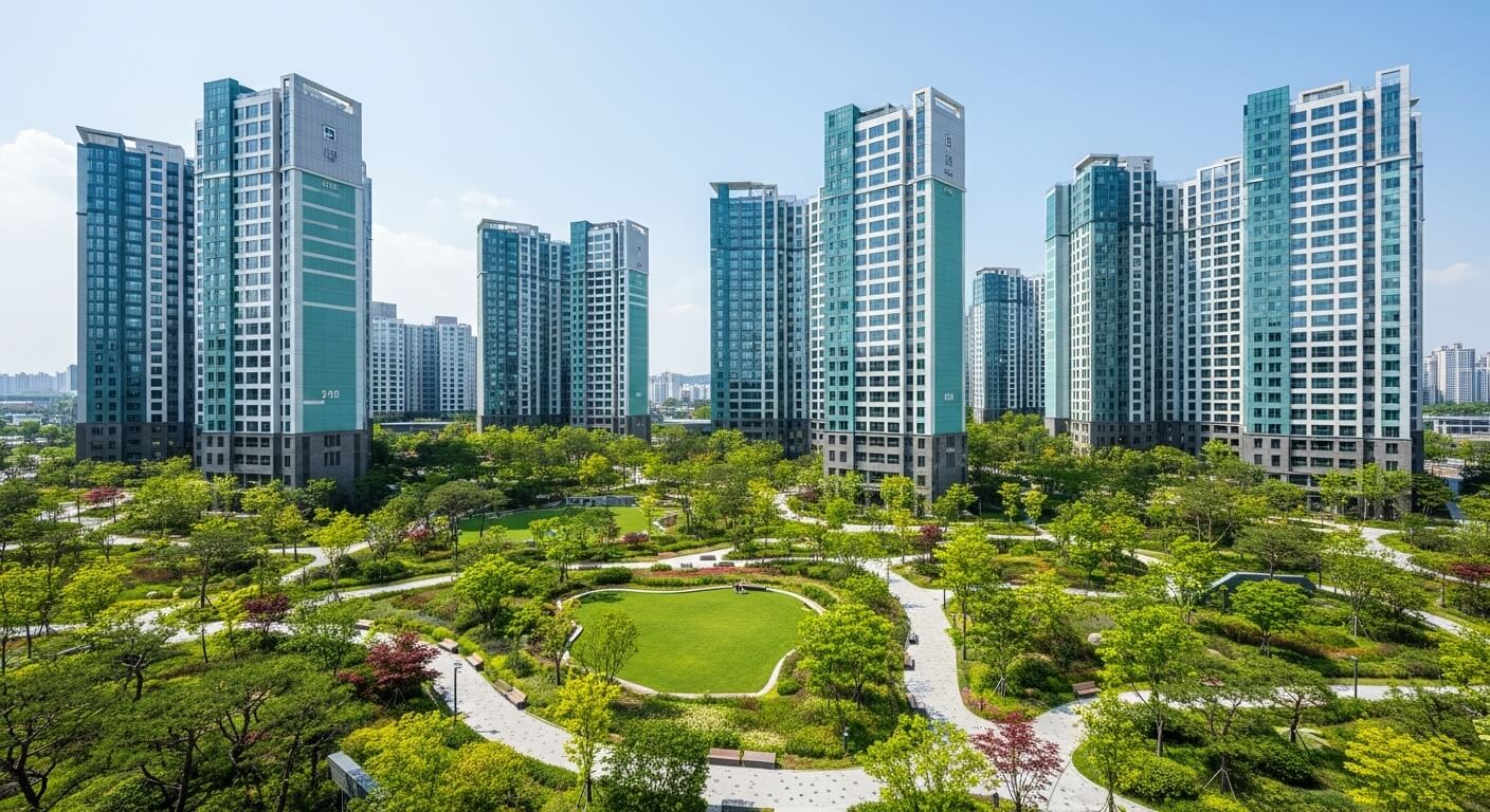 새아파트와 넓은공원이 어울어져있다