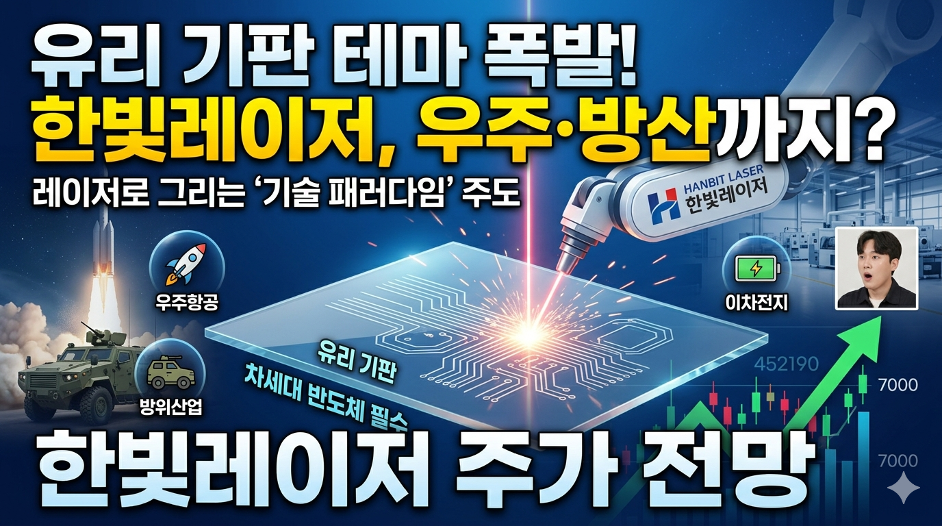 한빛레이저의 고정밀 레이저 장비가 차세대 반도체 유리 기판을 미세 가공하는 모습을 시각화한 이미지. 우상향하는 주가 그래프와 함께 '유리 기판 핵심 공정 선점', '우주·방산 기술 패러다임 주도', '한빛레이저 주가 전망' 텍스트가 강조되어 있다