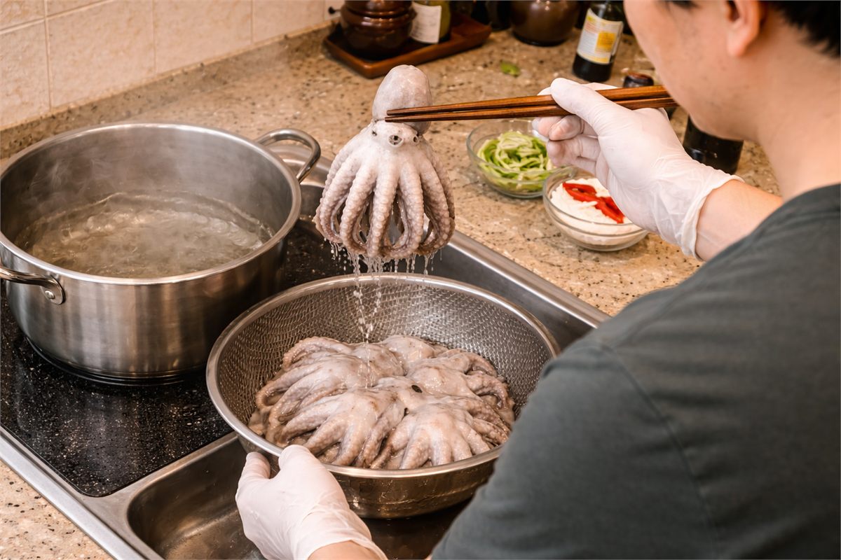 볶음용 주꾸미를 데친 뒤 채반에 건져 물기를 줄이는 장면 