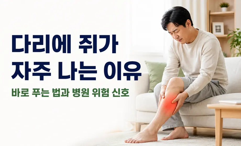 종아리에 쥐가 나서 다리를 잡고 있는 남성과 다리 경련 원인 안내