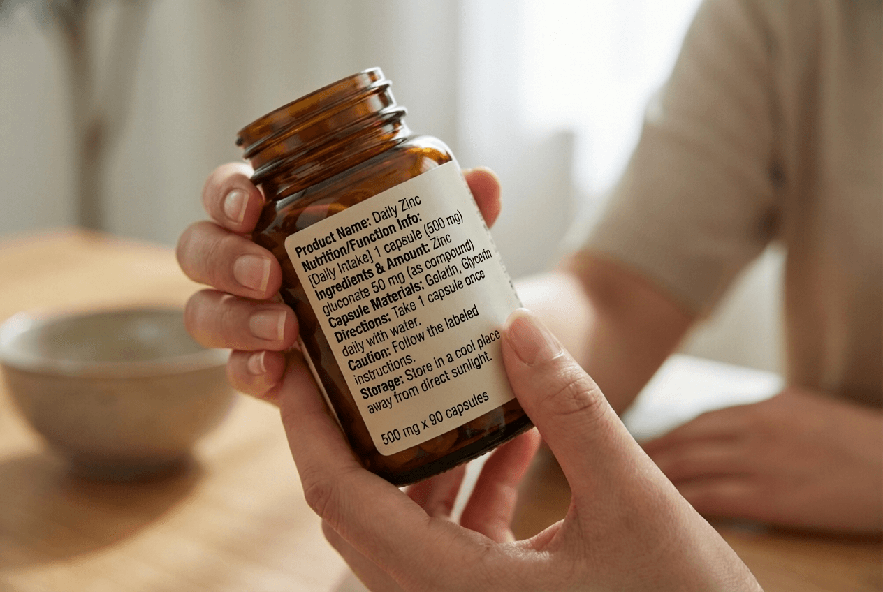 아연 보충제 라벨 클로즈업, 원소 아연 함량과 형태 표기 부분 강조