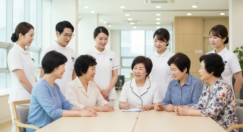 요양등급 상담 중인 가족과 직원