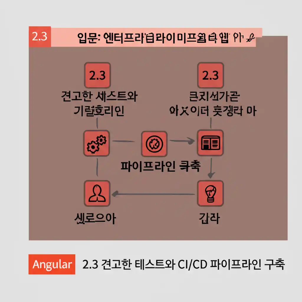 Angular 엔터프라이즈 앱의 테스트 및 CI/CD 파이프라인 흐름도.