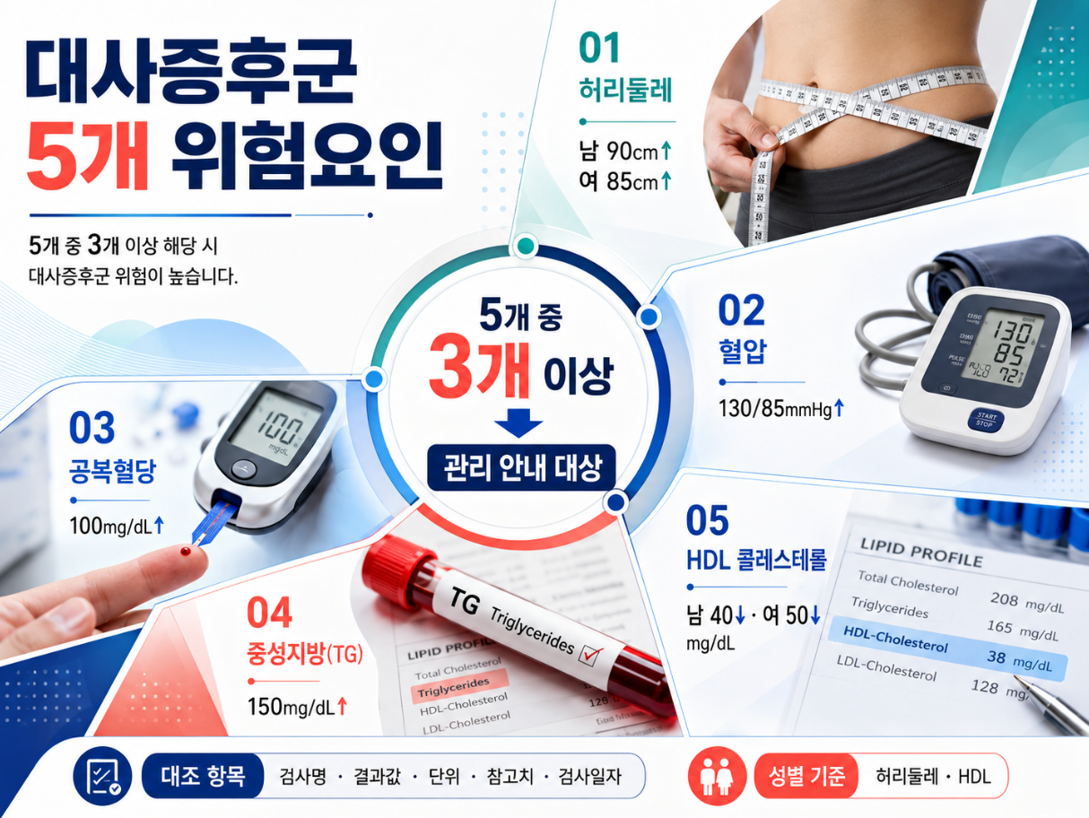 대사증후군 5개 위험요인과 3개 이상 해당 시 관리 안내 대상 기준을 설명한 인포그래픽