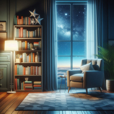 책장이 있는 방에서 밤하늘과 별이 보이는 창을 통해 우주를 느낄 수 있는 장면