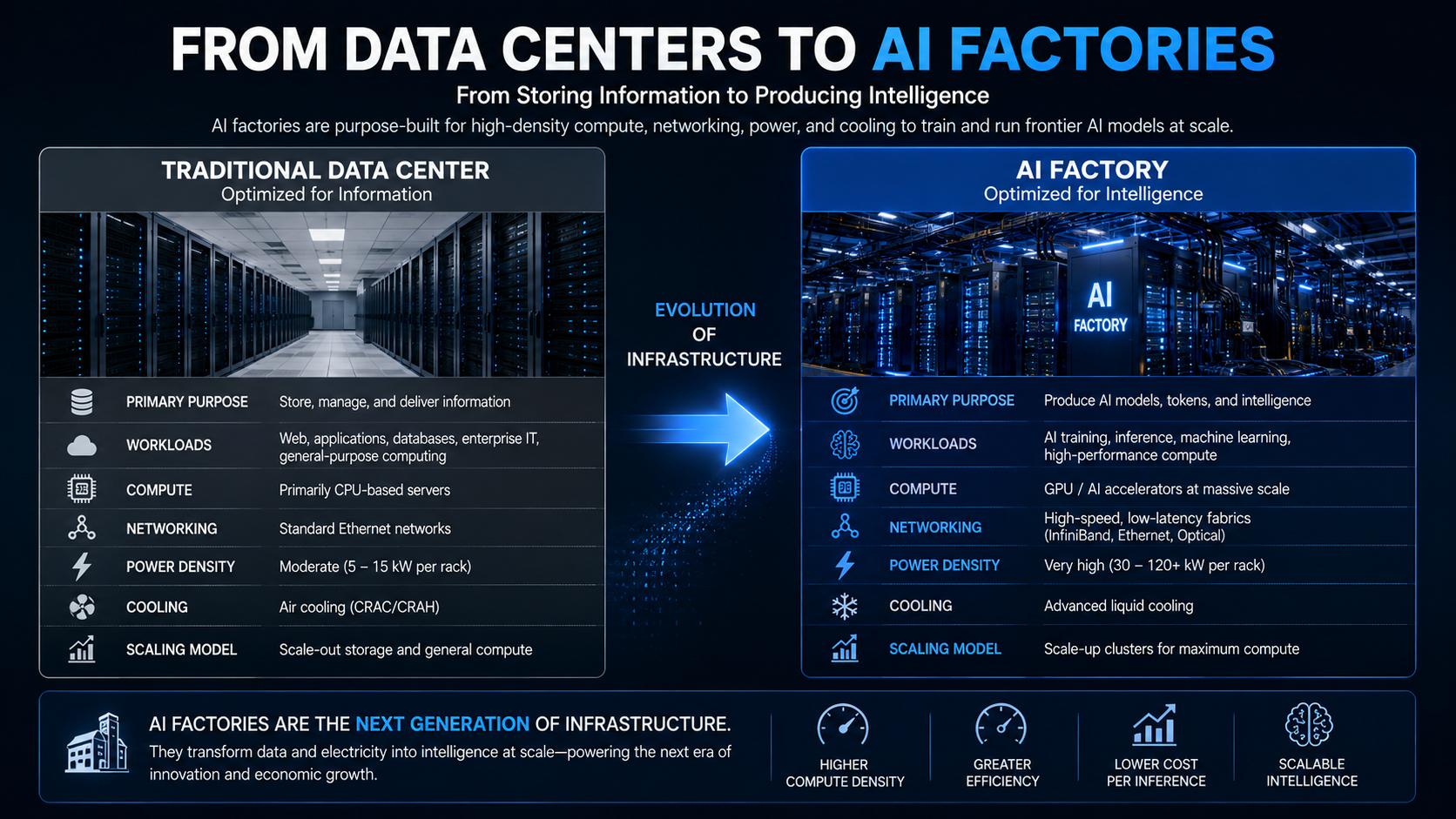 Traditional data center vs AI Factory comparison for AI training inference computing power and cooling