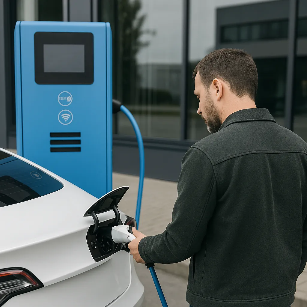 전기차를 충전하는 남성 운전자 모습