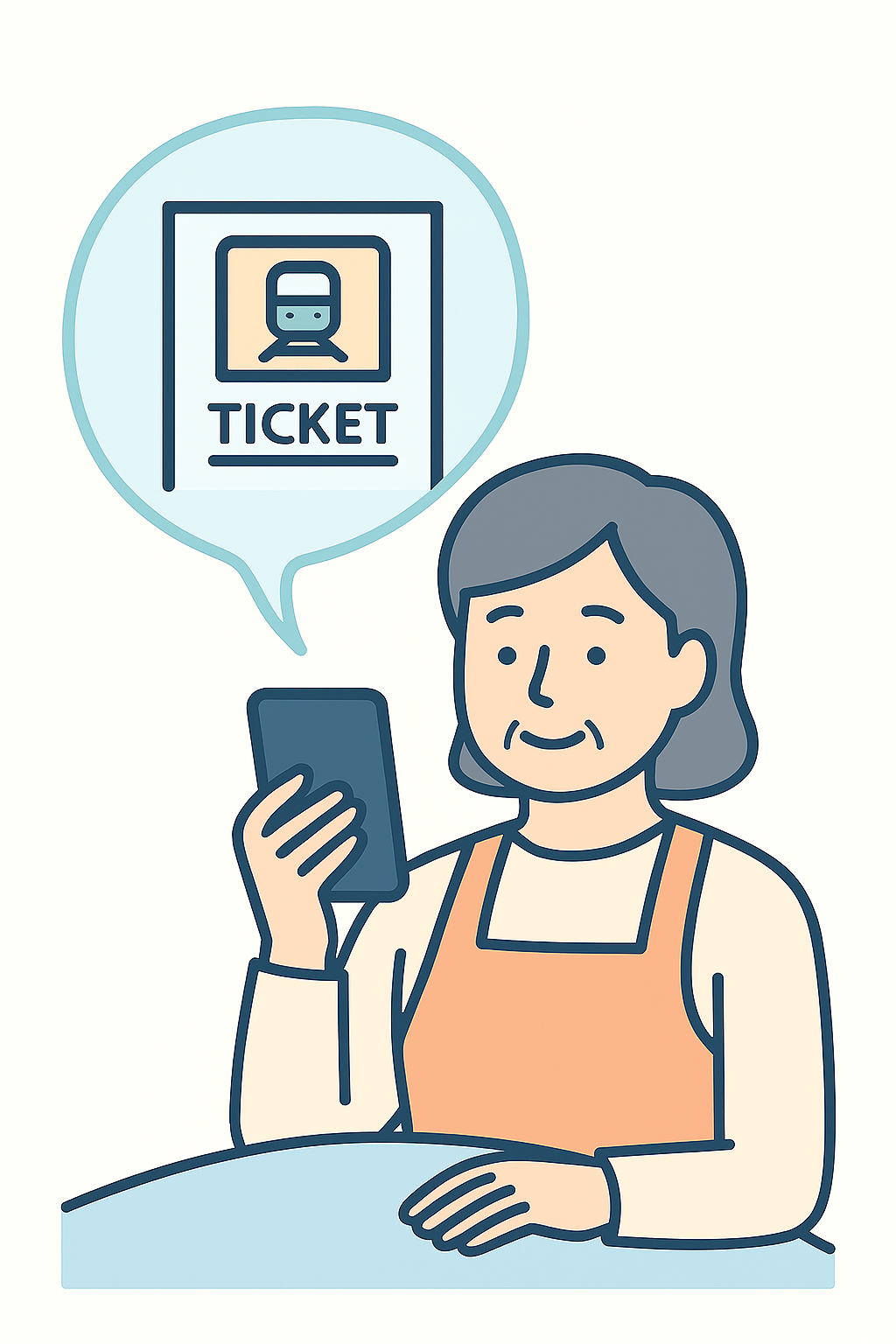 모바일로 열차예매를 하고있는 주부 일러스트