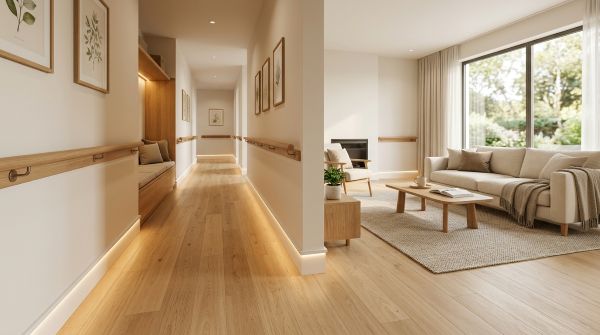 고령 친화적으로 리모델링된 안전하고 따뜻한 느낌의 거실과 복도 전경
