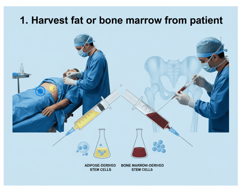 줄기세포가 손상 부위에 주입되어, 염증을 완화하고 조직 재생을 돕는 과정을 단계적으로 표현한 이미지