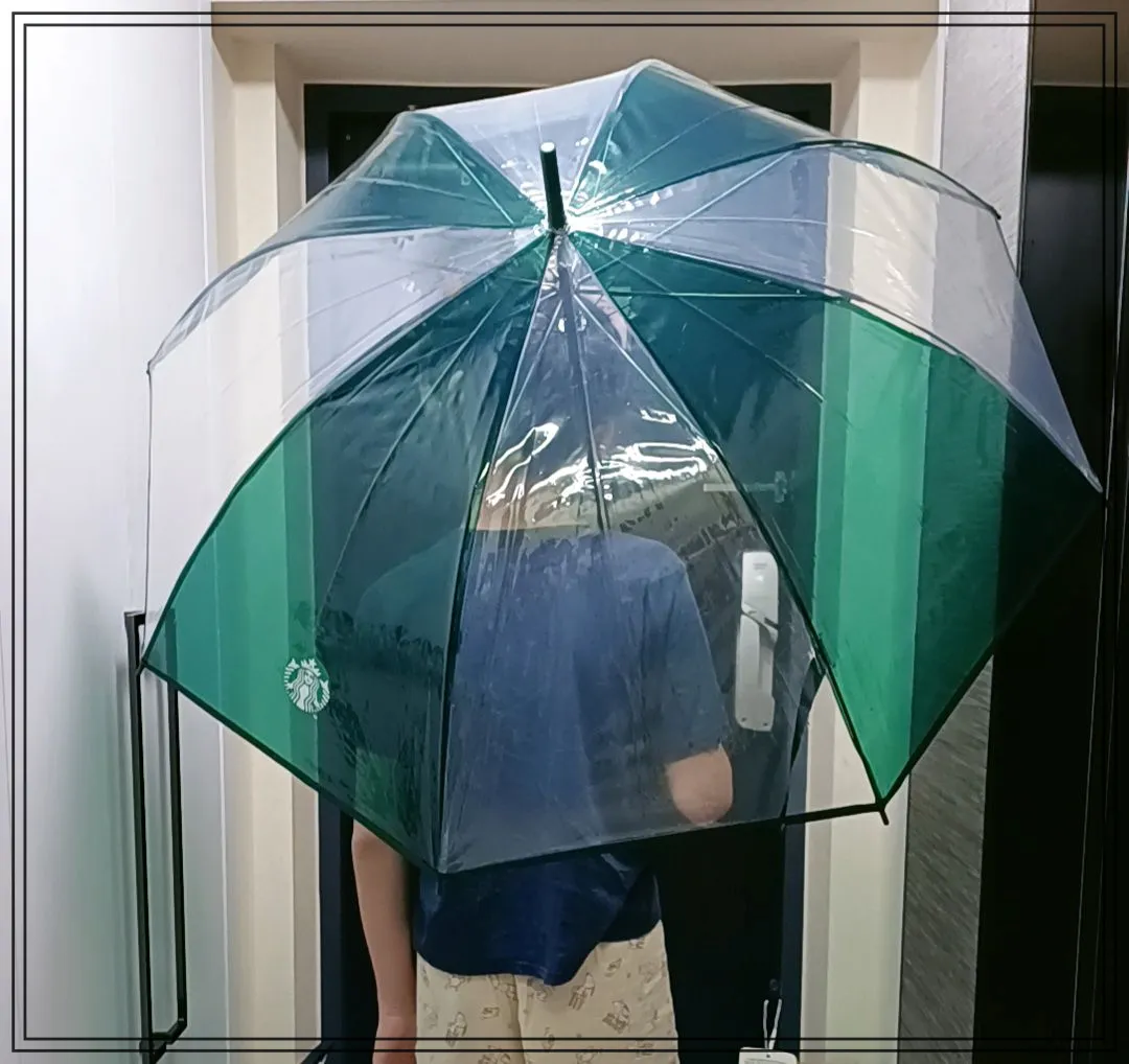 아파트-현관에서-스타벅스-투명우산을-실제-써본-모습-키-163센치-중학생-남자아이가-뒤돌아서-우산쓰고-있음-우산은-전체적으로-투명하지만-칸칸이-초록색과-투명이-번갈아-있음