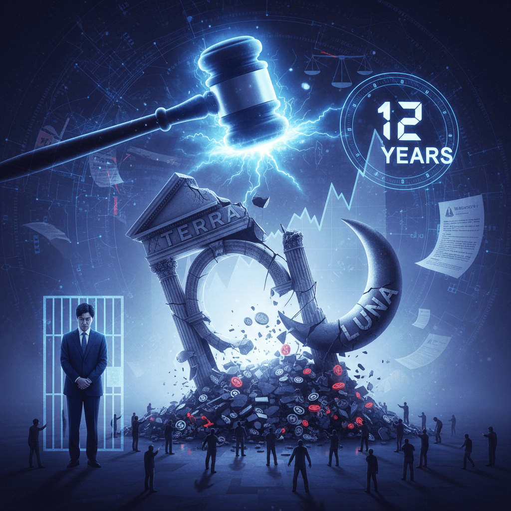 테라-루나 코인 붕괴 사태를 상징하는 이미지. 거대한 망치, 무너진 건축물, 돈 더미, 감옥에 갇힌 인물, 12년 형량 문구, 그리고 피해자 군중