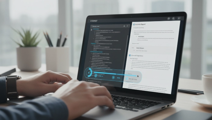 AI 글쓰기 툴이 비즈니스 보고서를 요약하고 작성하는 노트북 화면