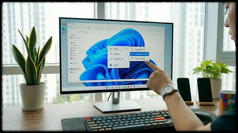 Windows 11 바탕화면 보기 메뉴에서 아이콘 크기를 변경하는 모습