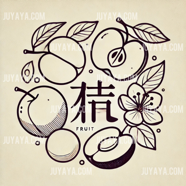 果(과)&amp;#44; 珍(진)&amp;#44; 李(리)&amp;#44; 柰(내) 한자 주변에 자두와 능금이 배치된 깔끔한 일러스트.